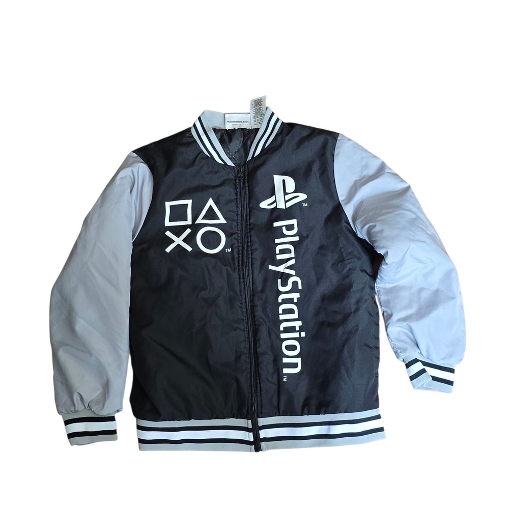 PlayStation Kids Bomber Jacket Black Grey Logo Zip Up Quilted Size 10/12
